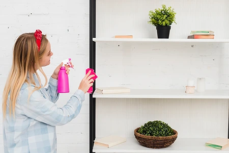 Cleaner wiping the inside of kitchen cabinets on a custom visit