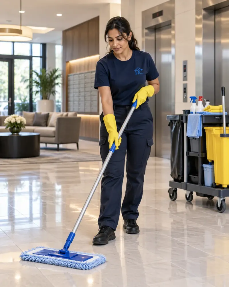 Building lobby and hallway floors cleaned of winter salt